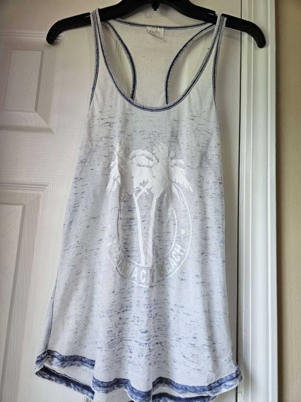 Exist White Racerback Tank with Blue Trim and Palm Graphic